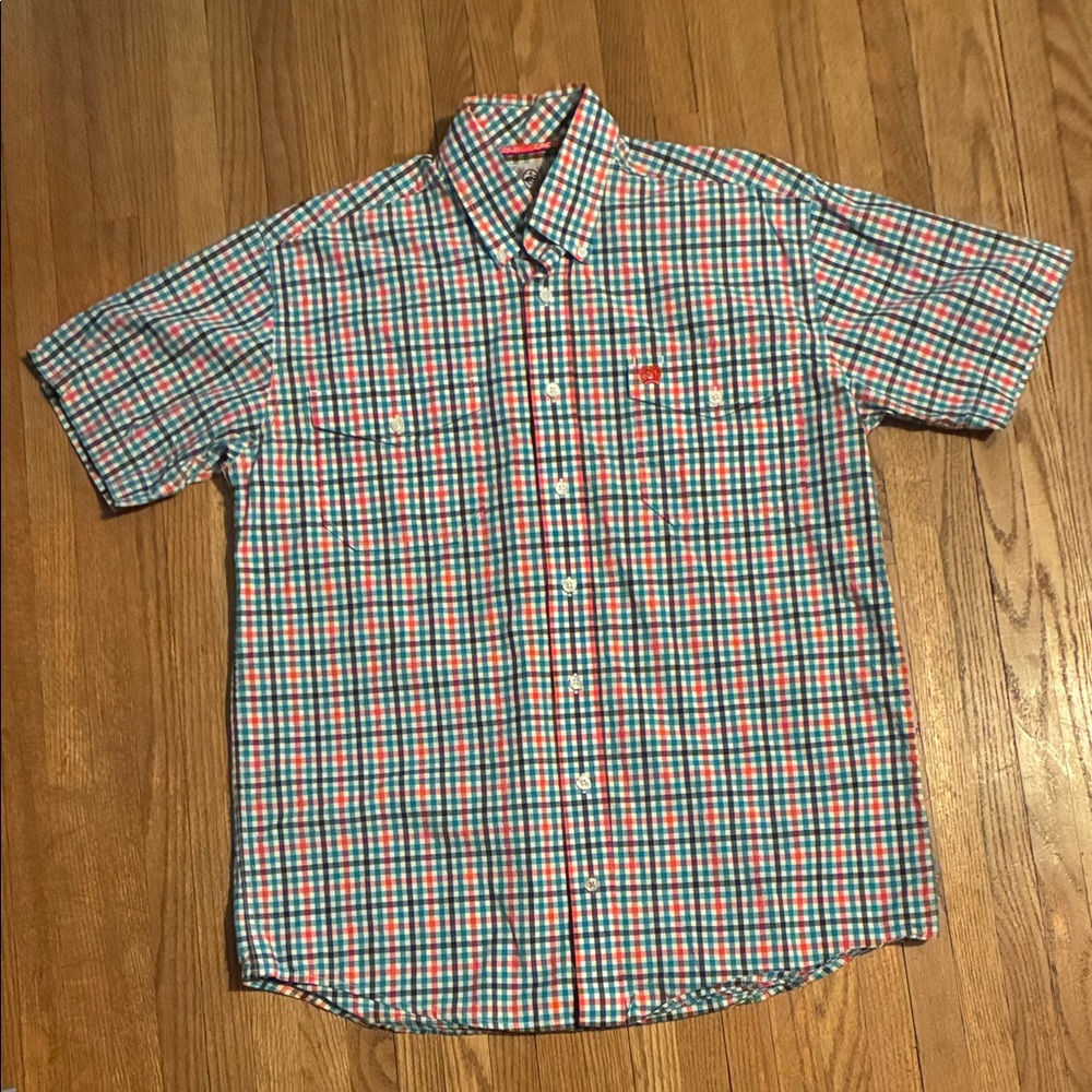 Cinch Orange, Blue and Black 100% Cotton Plaid Short Sleeve Shirt